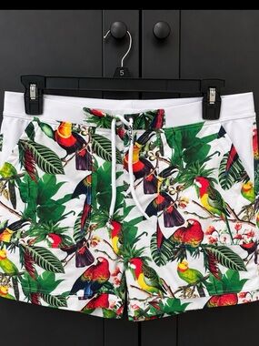 Womans Tropical Parrot Print Swim Shorts - White